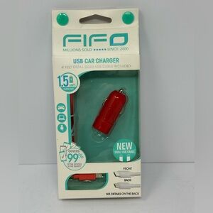 Fifo USB Car Charger 4ft dual sided cable Red Android and Apple P4